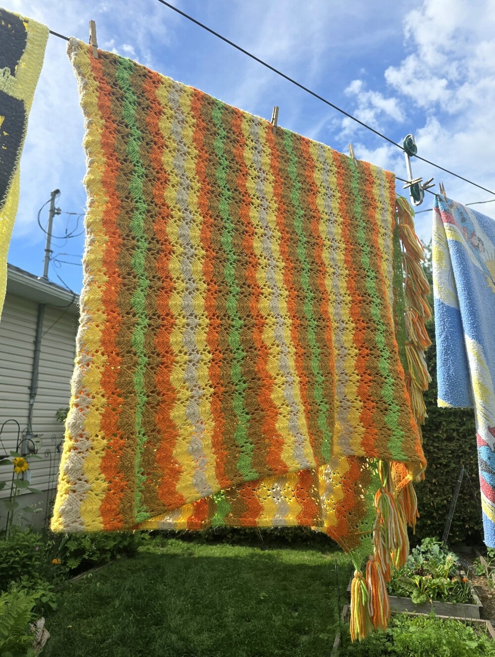 Handmade Chevron Knit Throw - Bright Orange, Brown, White, Green & Yellow